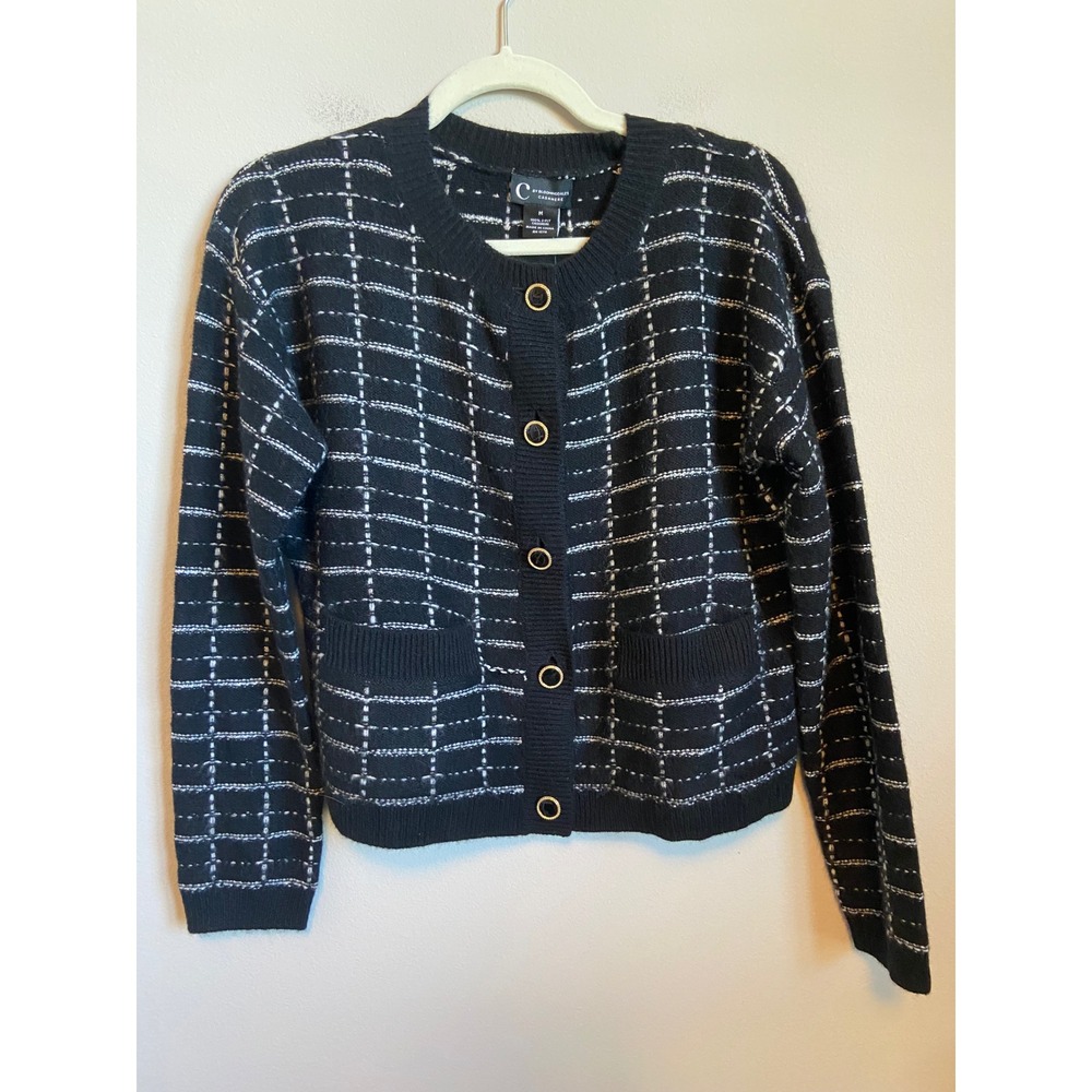 C by Bloomingdales Cashmere Cardigan Sweater Black White Grid Metallic M